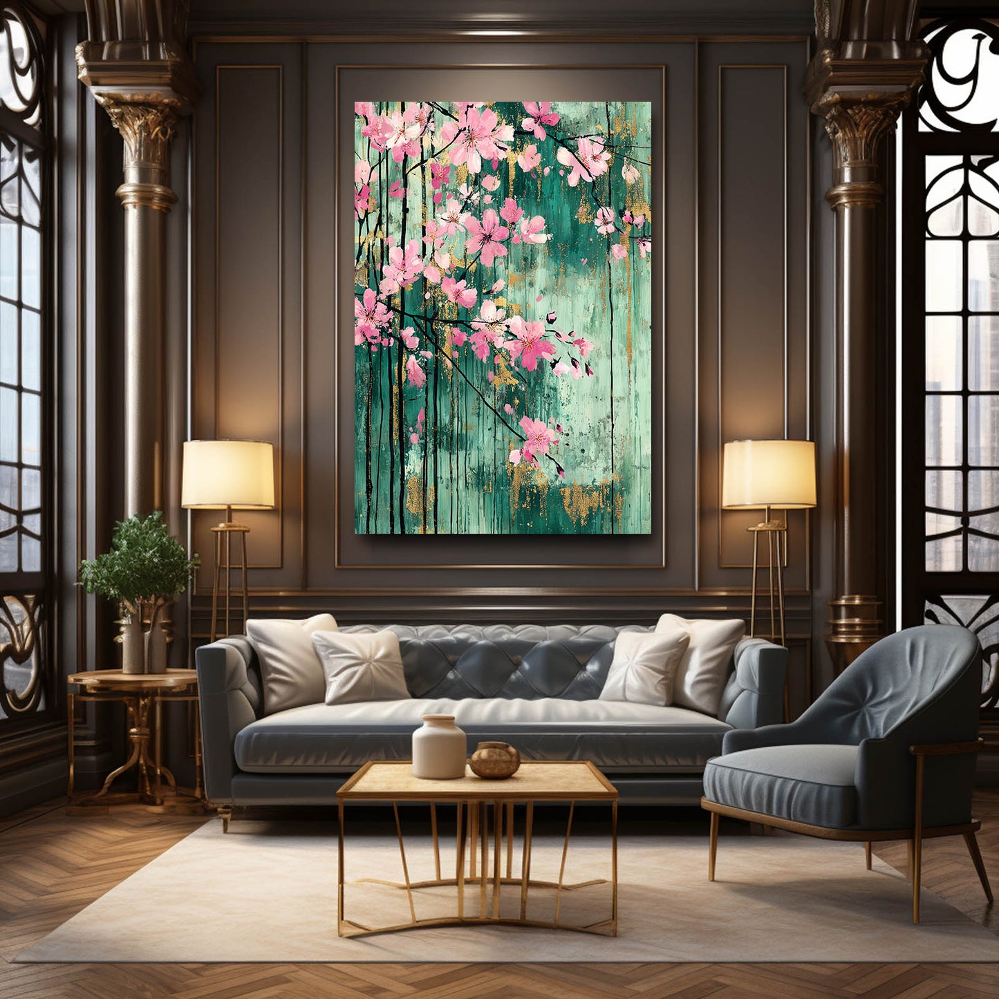 Verdigris Panel Blooms Cherry Blossom Art – styled in a furnished interior