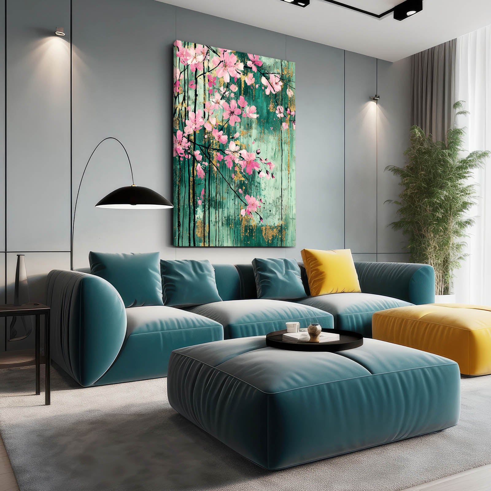Verdigris Panel Blooms Cherry Blossom Art – styled in a furnished interior