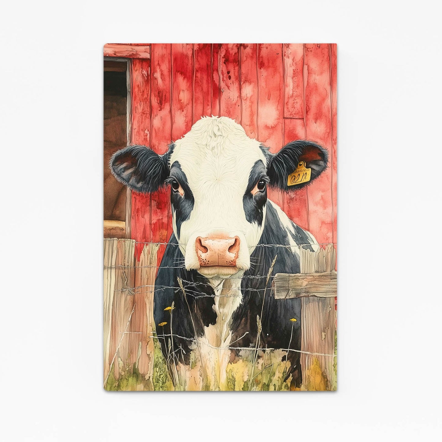 Vertical Cow Art – angled canvas view on white background