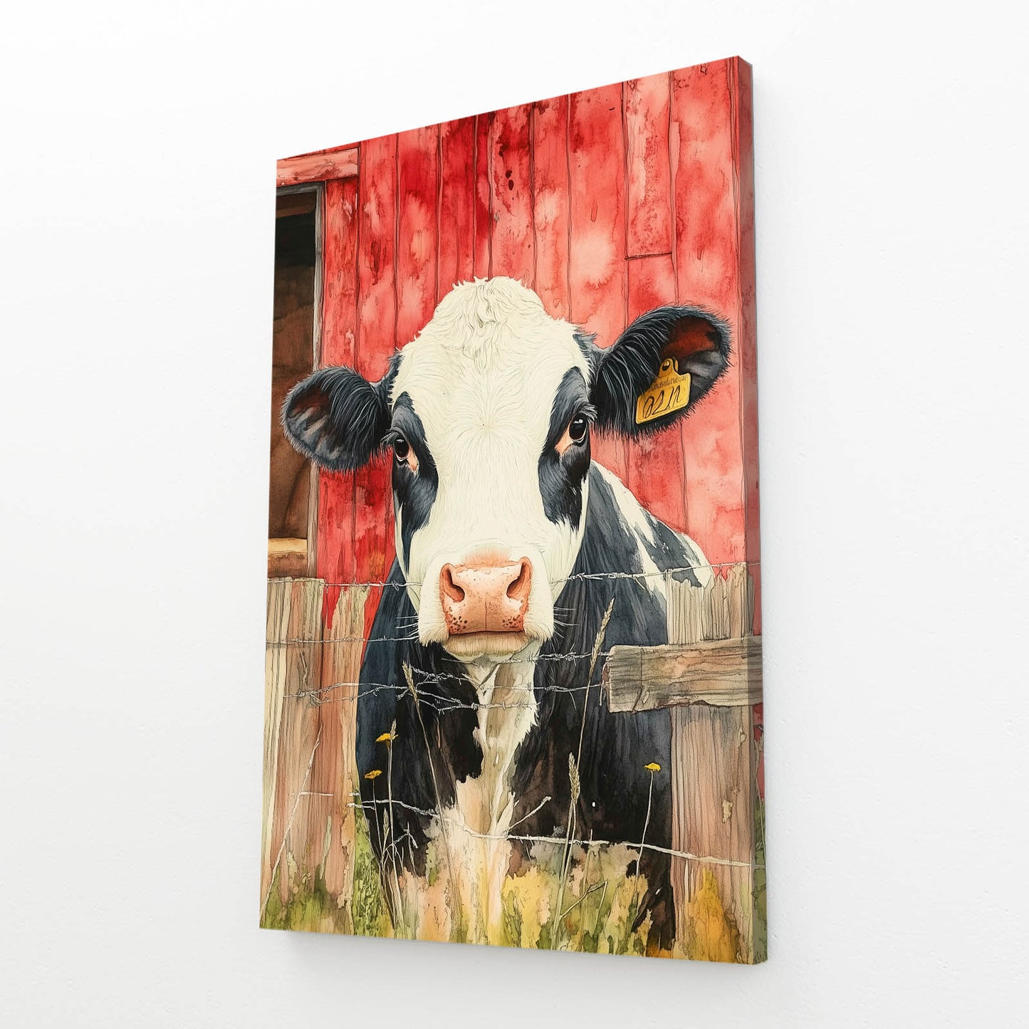 Vertical Cow Art – angled canvas view on white background