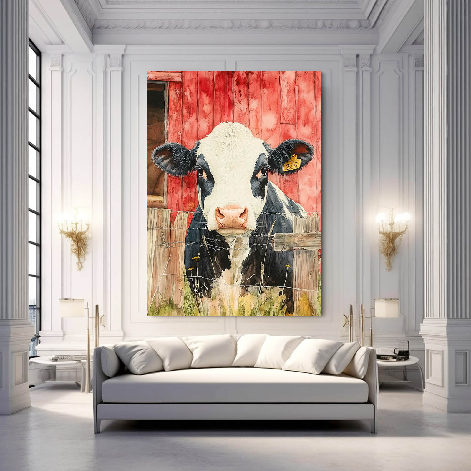 Vertical Cow Art – angled canvas view on white background