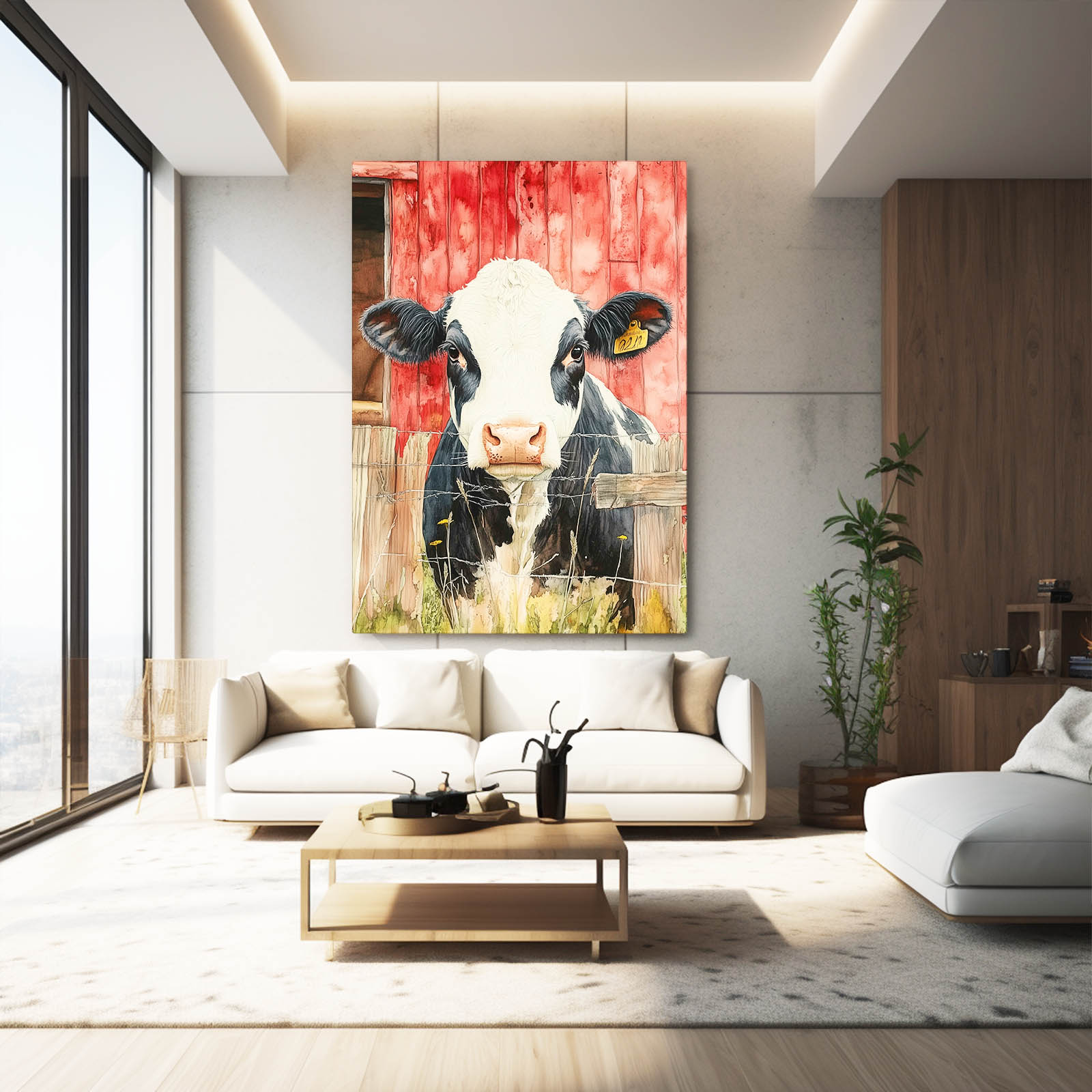 Vertical Cow Art – angled canvas view on white background
