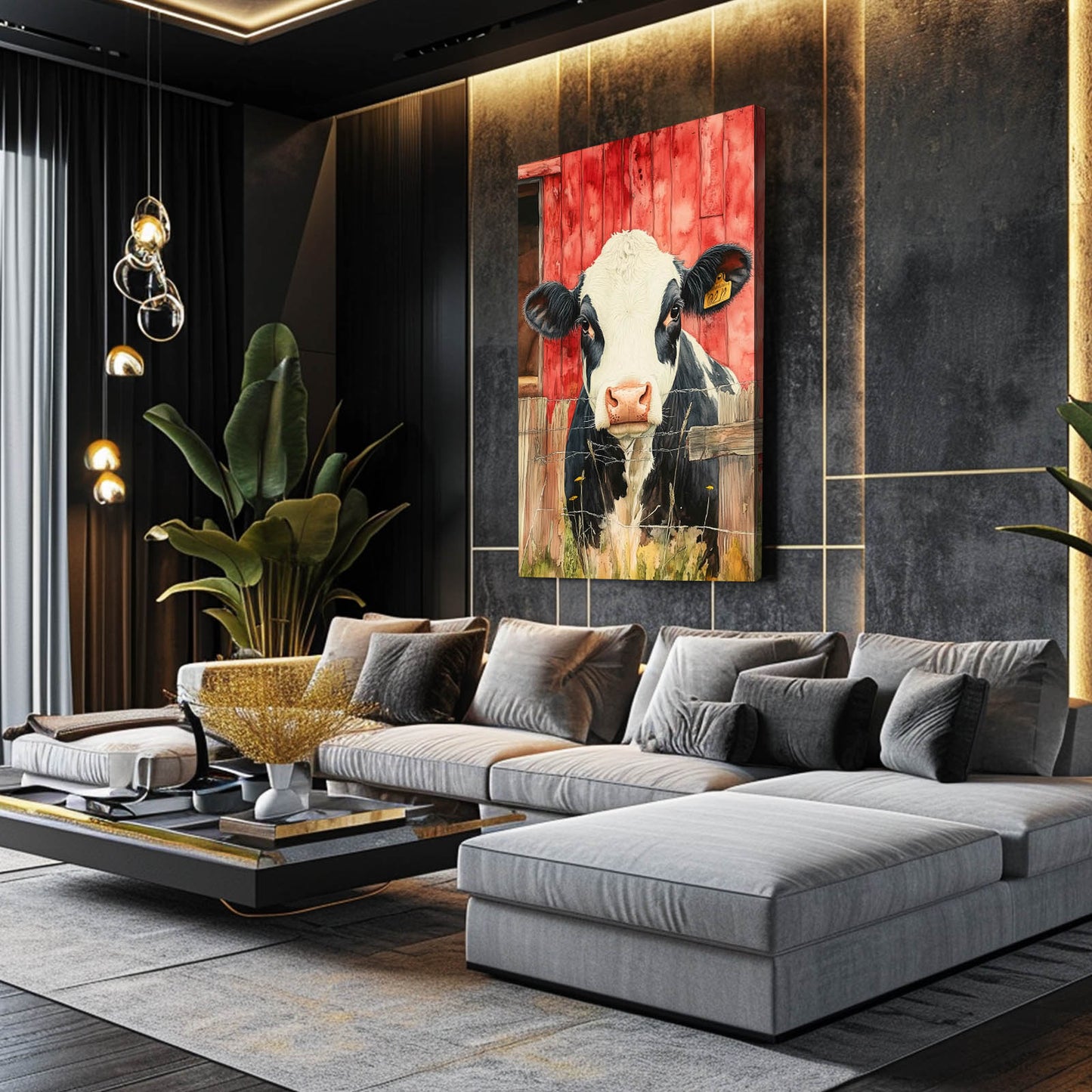 Vertical Cow Art – angled canvas view on white background