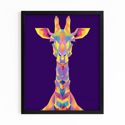 Colorful geometric giraffe art print on a purple background