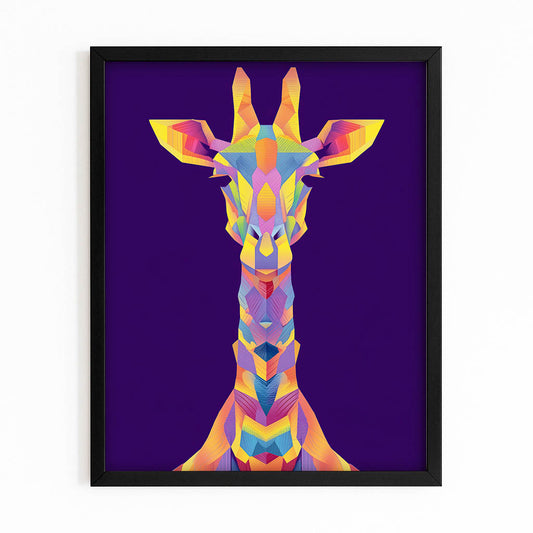 Colorful geometric giraffe art print on a purple background