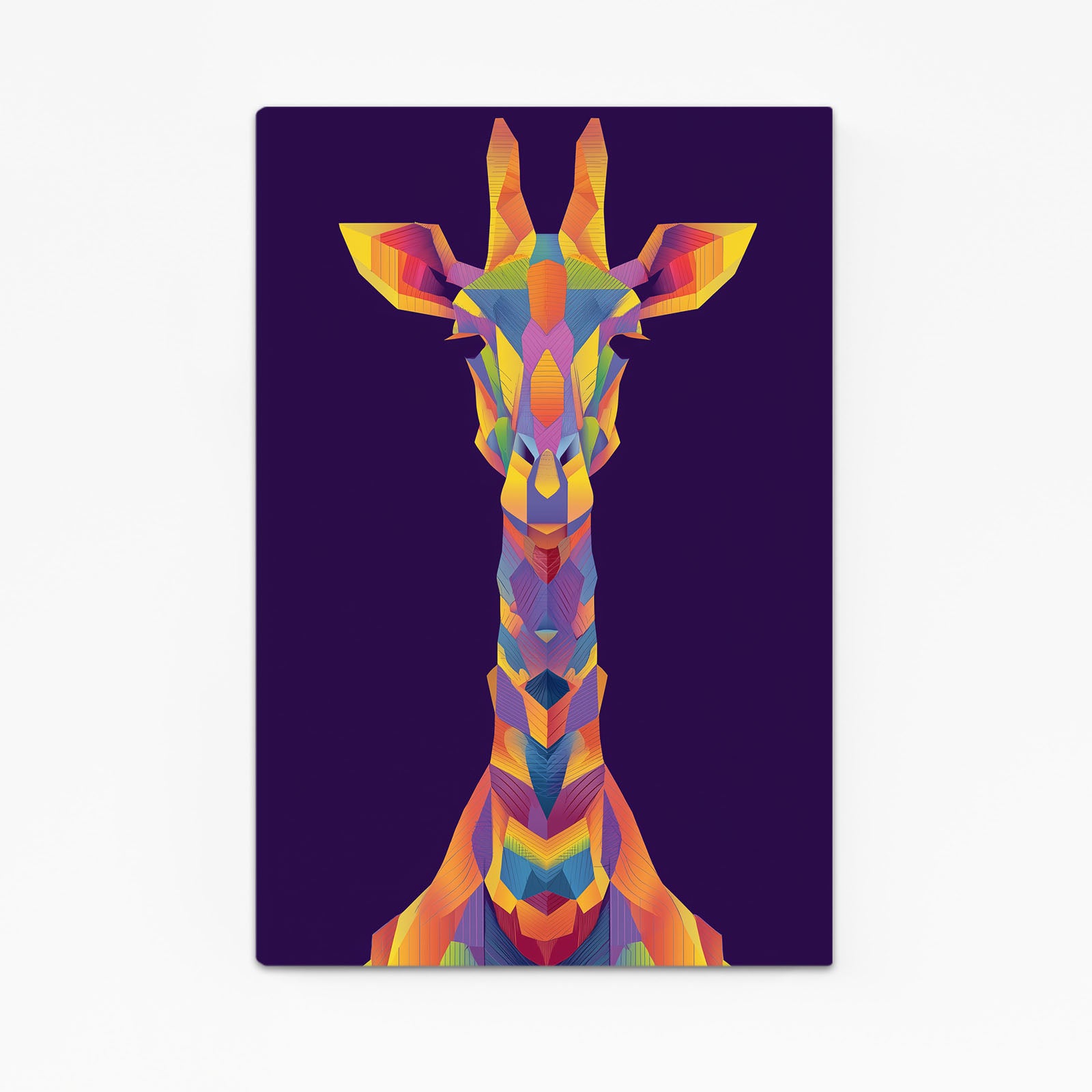 Colorful geometric giraffe design on a dark purple background
