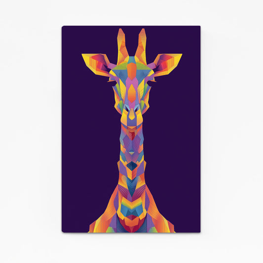 Colorful geometric giraffe design on a dark purple background