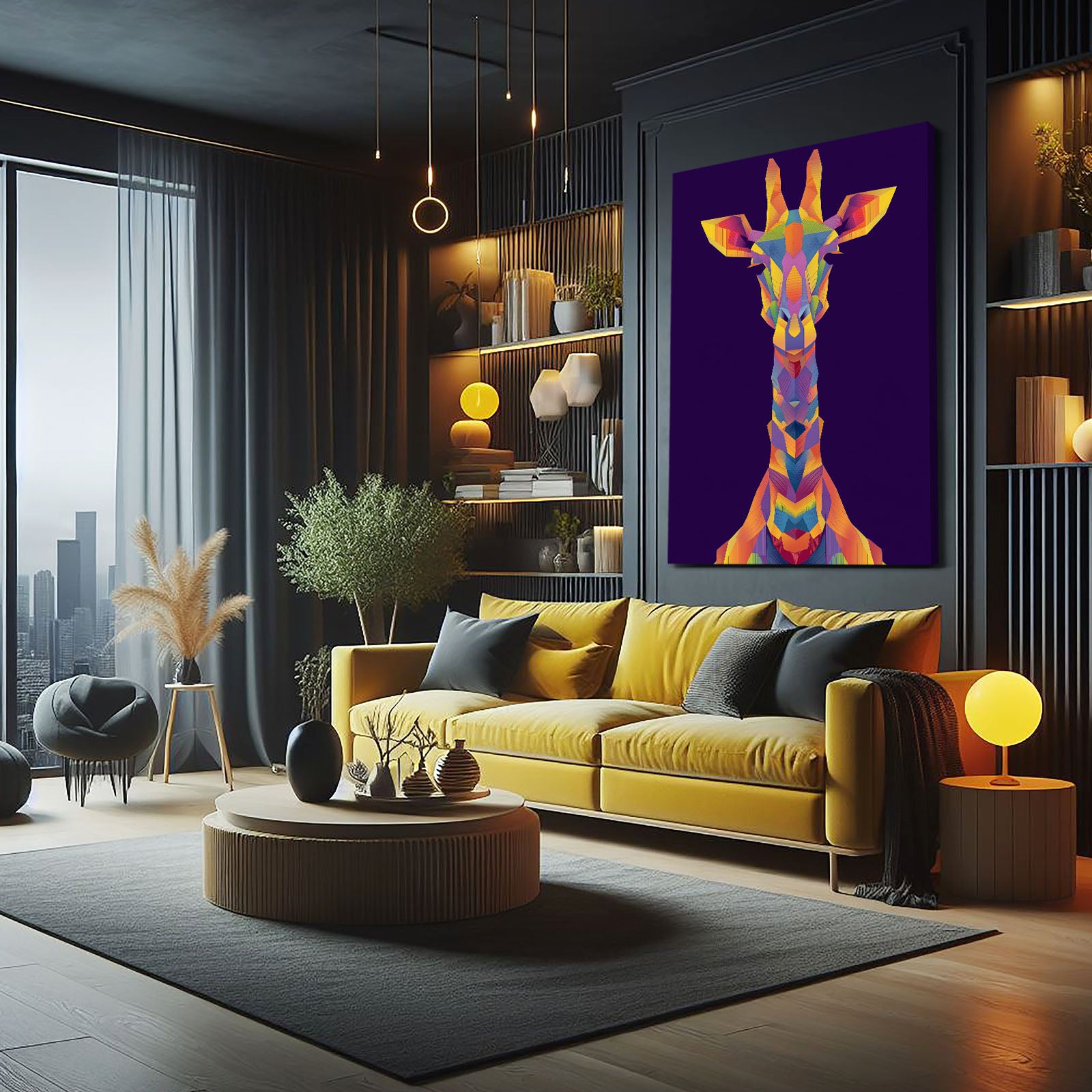 Modern living room with a yellow sofa, colorful giraffe painting, and decorative items.