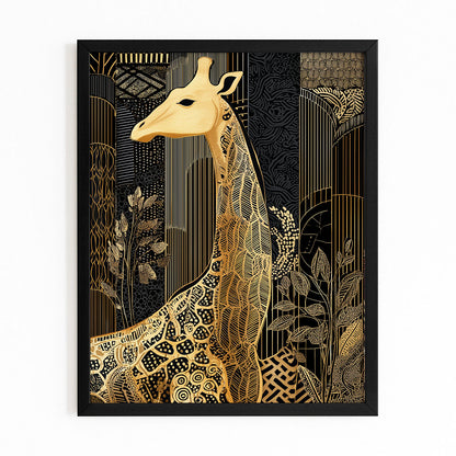 Decorative wall art with a gold giraffe design on a black background