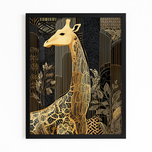 Decorative wall art with a gold giraffe design on a black background
