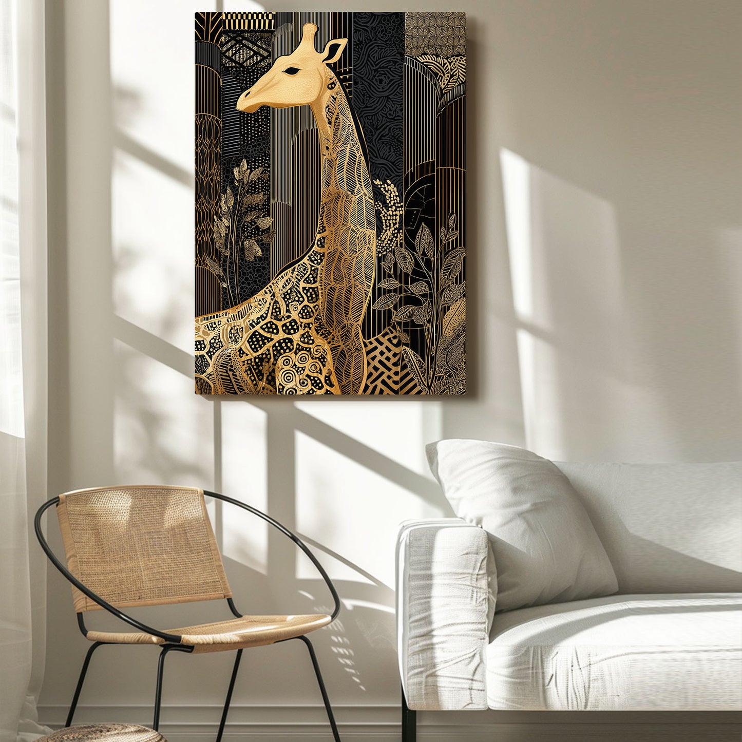 Decorative wall art of a giraffe on a black background in a living room.