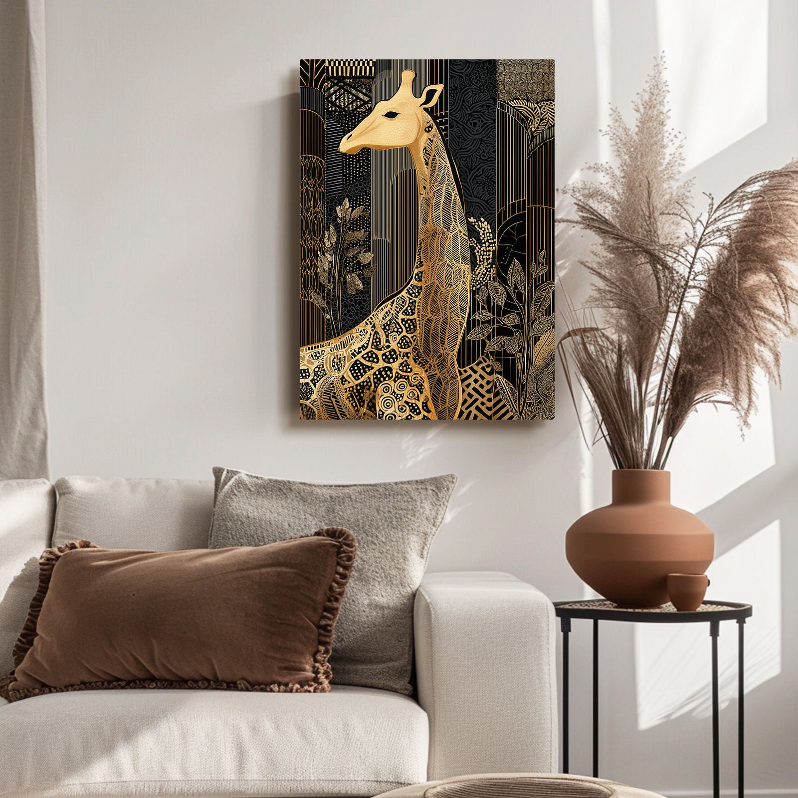 Decorative giraffe painting on a wall above a sofa with decorative pillows and a vase.