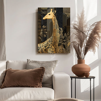 Decorative giraffe painting on a wall above a sofa with decorative pillows and a vase.