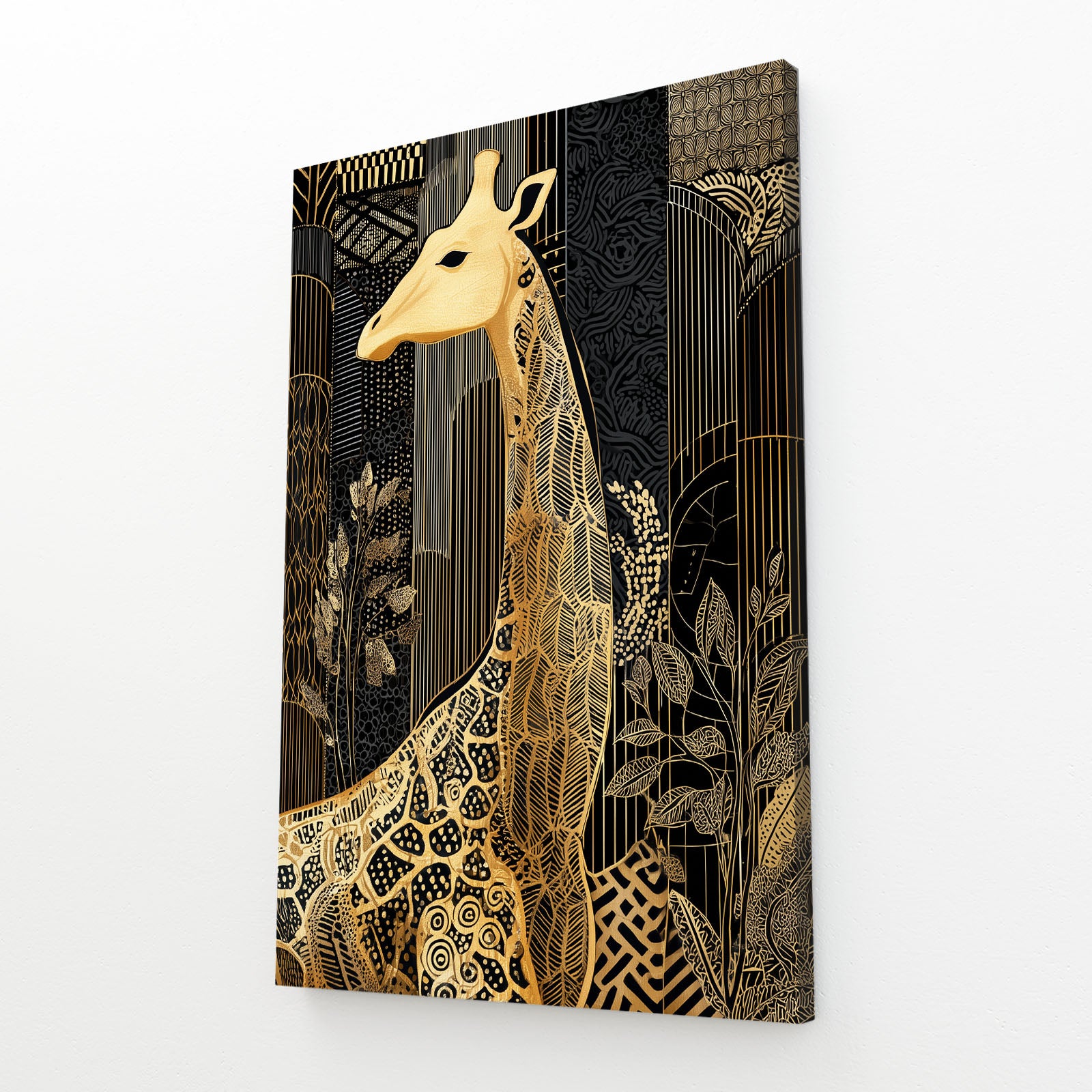 Decorative wall art with a gold giraffe design on a black background