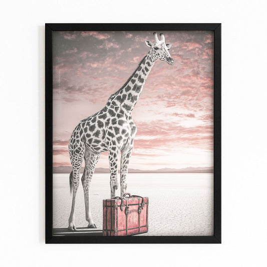Framed artwork of a giraffe standing next to a pink suitcase with a sunset background.