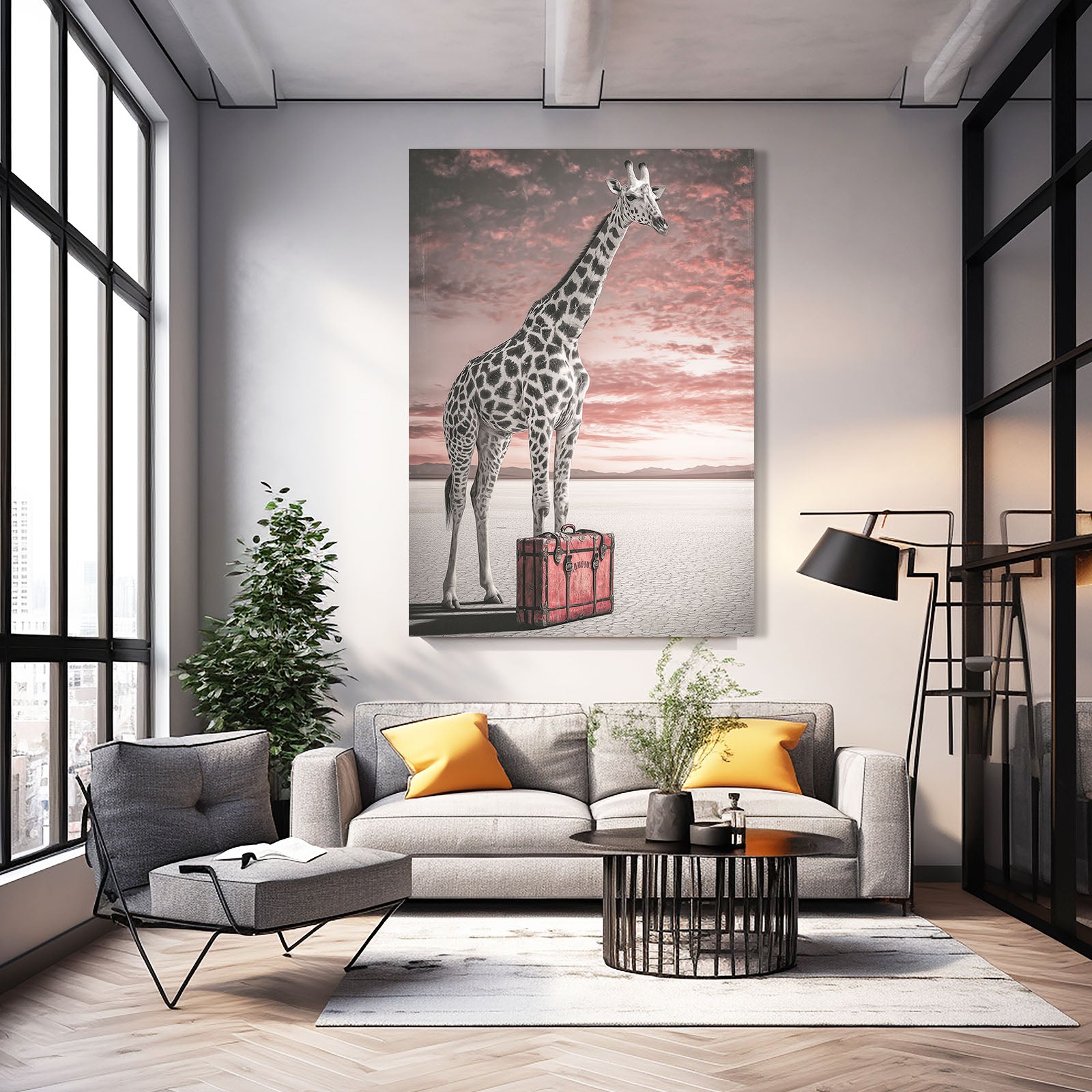 Modern living room with a gray sofa, coffee table, and wall art of a giraffe.