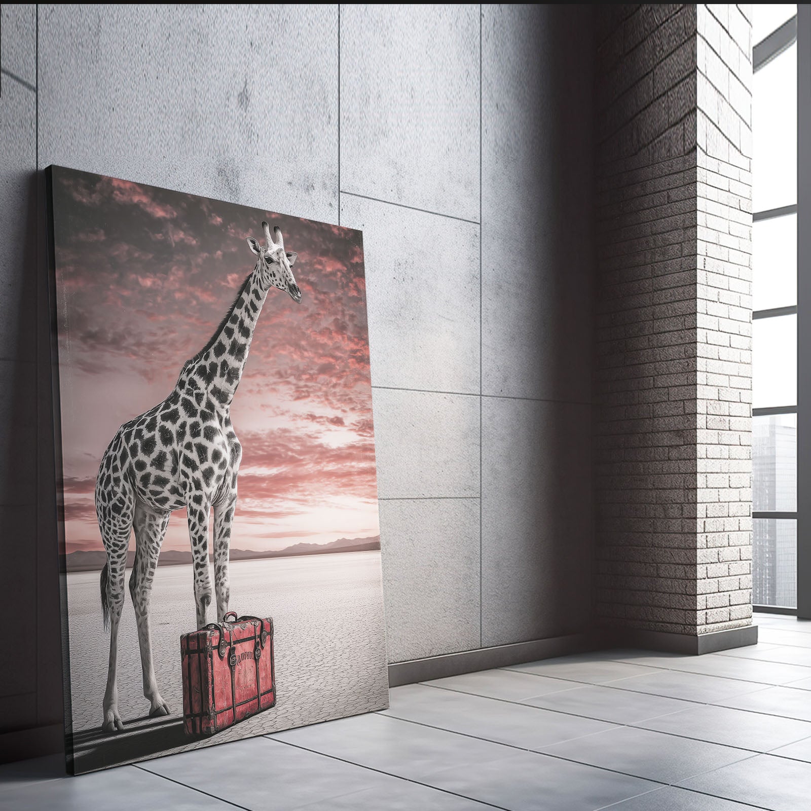 Canvas print of a giraffe with a suitcase against a sunset sky, leaning against a wall.