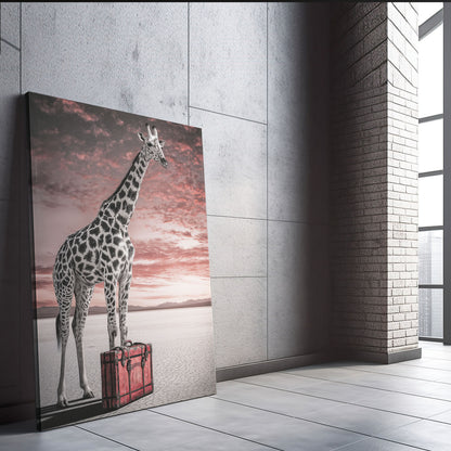 Canvas print of a giraffe with a suitcase against a sunset sky, leaning against a wall.