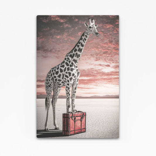 Giraffe standing on a suitcase with a sunset sky background