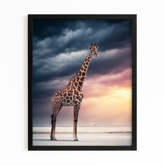 Framed artwork of a giraffe against a dramatic sky with clouds.