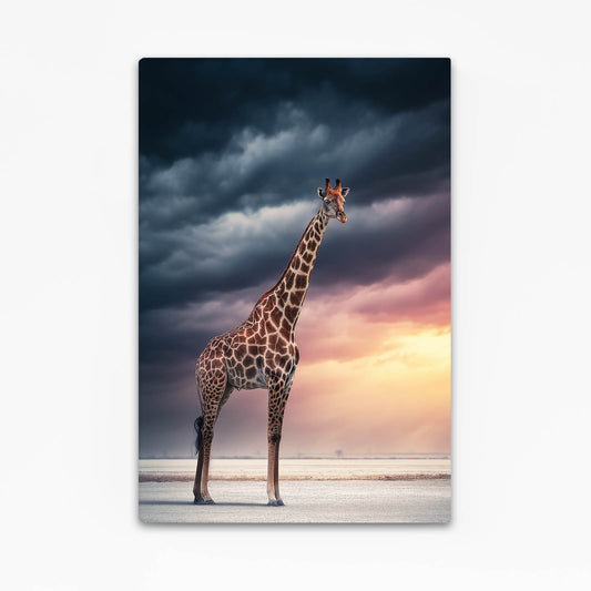 Giraffe standing on a beach with a dramatic sky