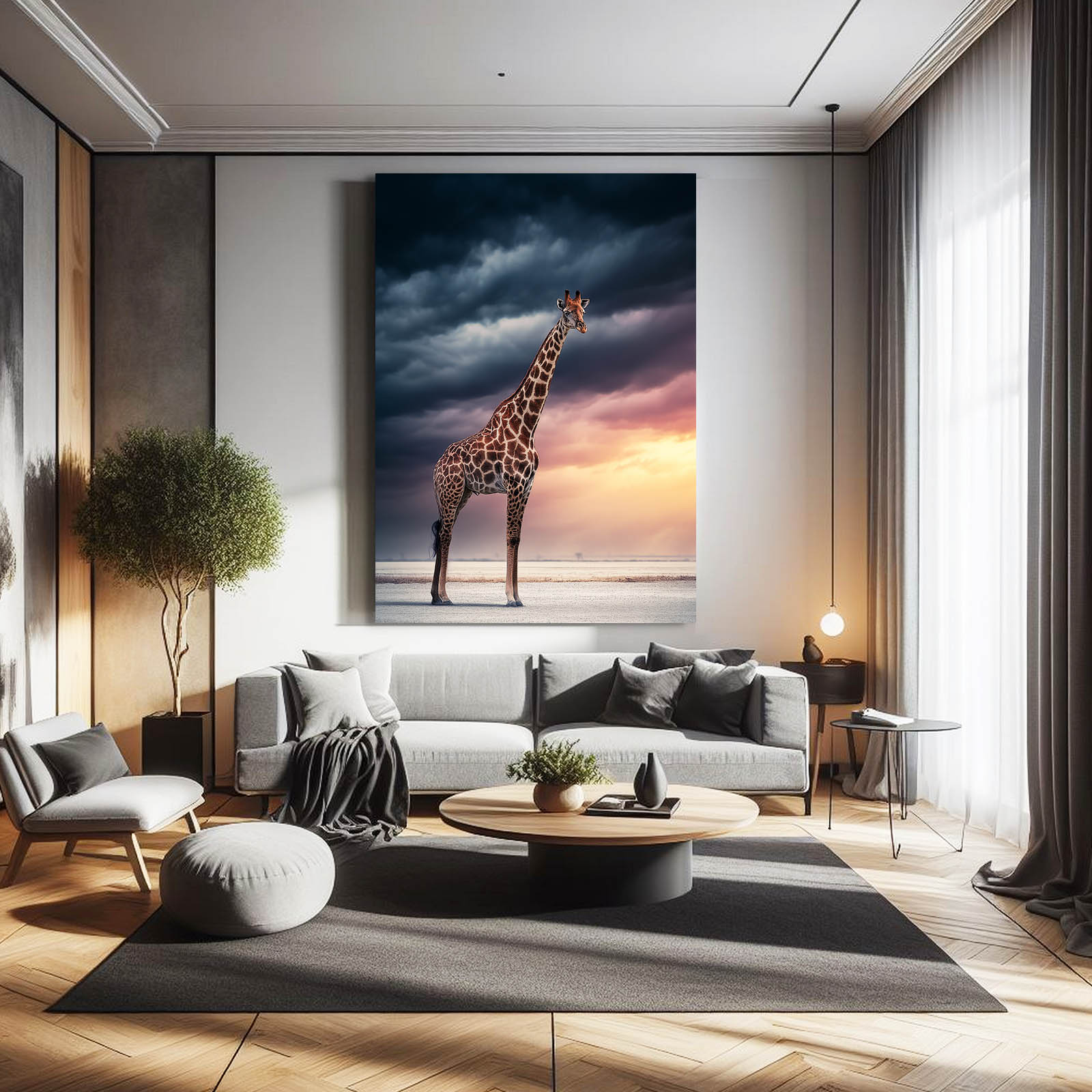 Modern living room with a large giraffe painting on the wall