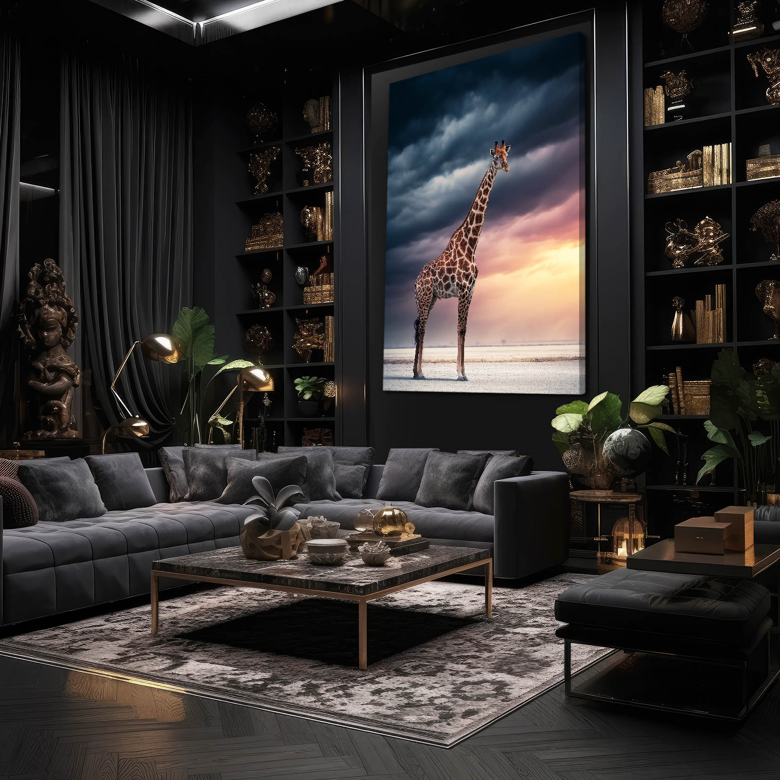 Modern living room with dark walls, a large sofa, and a prominent giraffe painting.