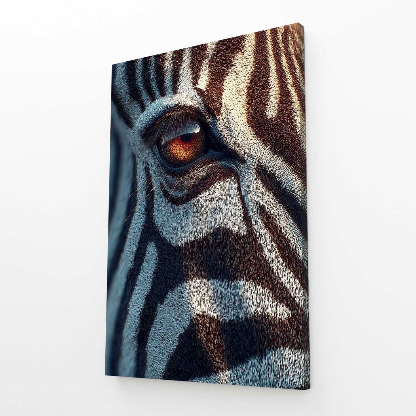 Vertical Zebra Artwork – angled canvas view on white background