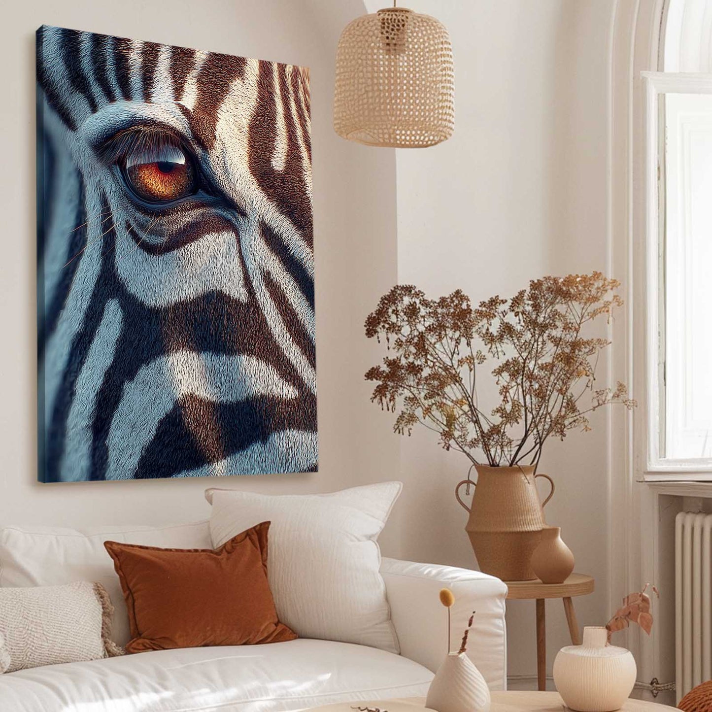 Vertical Zebra Artwork – styled in a furnished interior