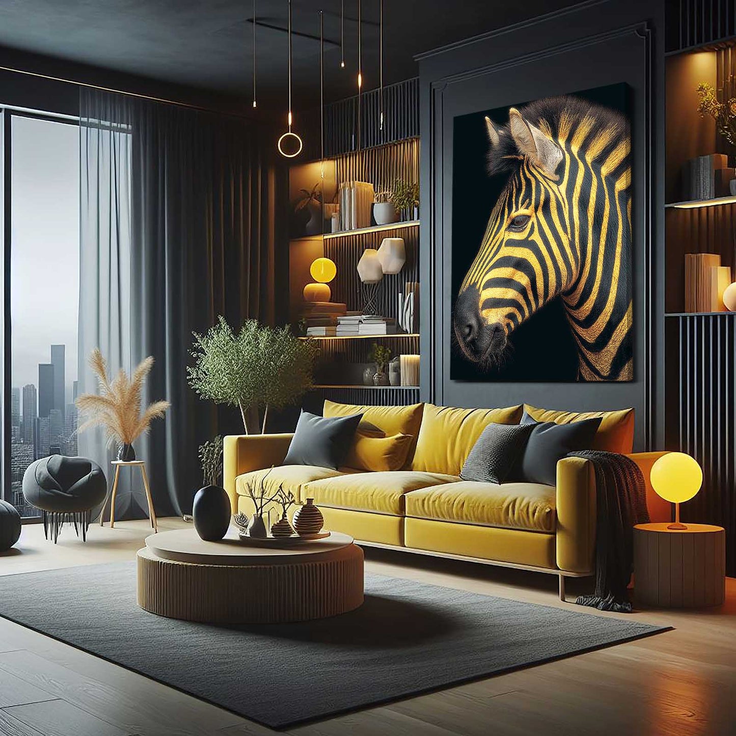 Vertical Zebra Canvas Art – styled in a furnished interior