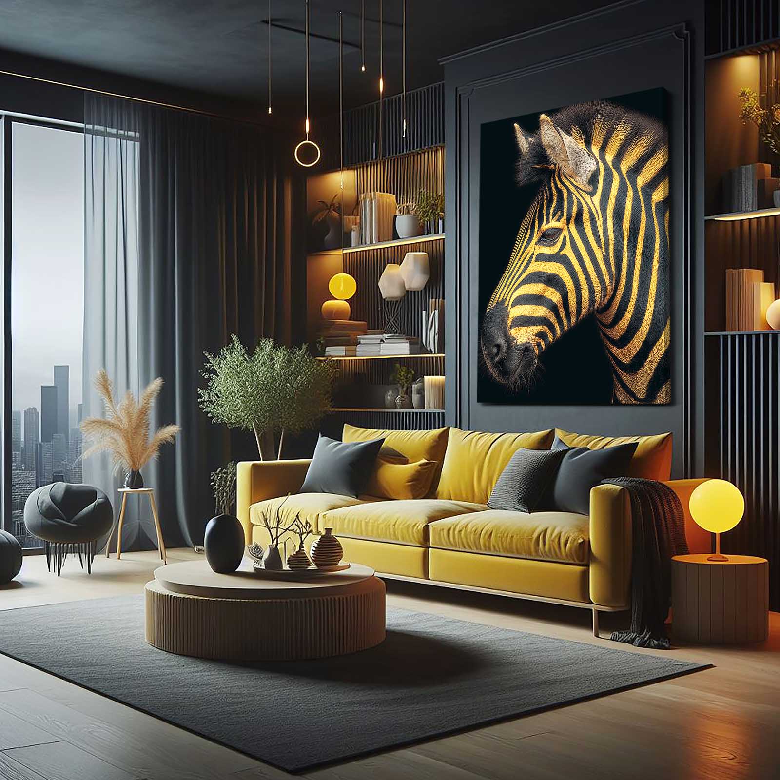 Vertical Zebra Canvas Art – styled in a furnished interior