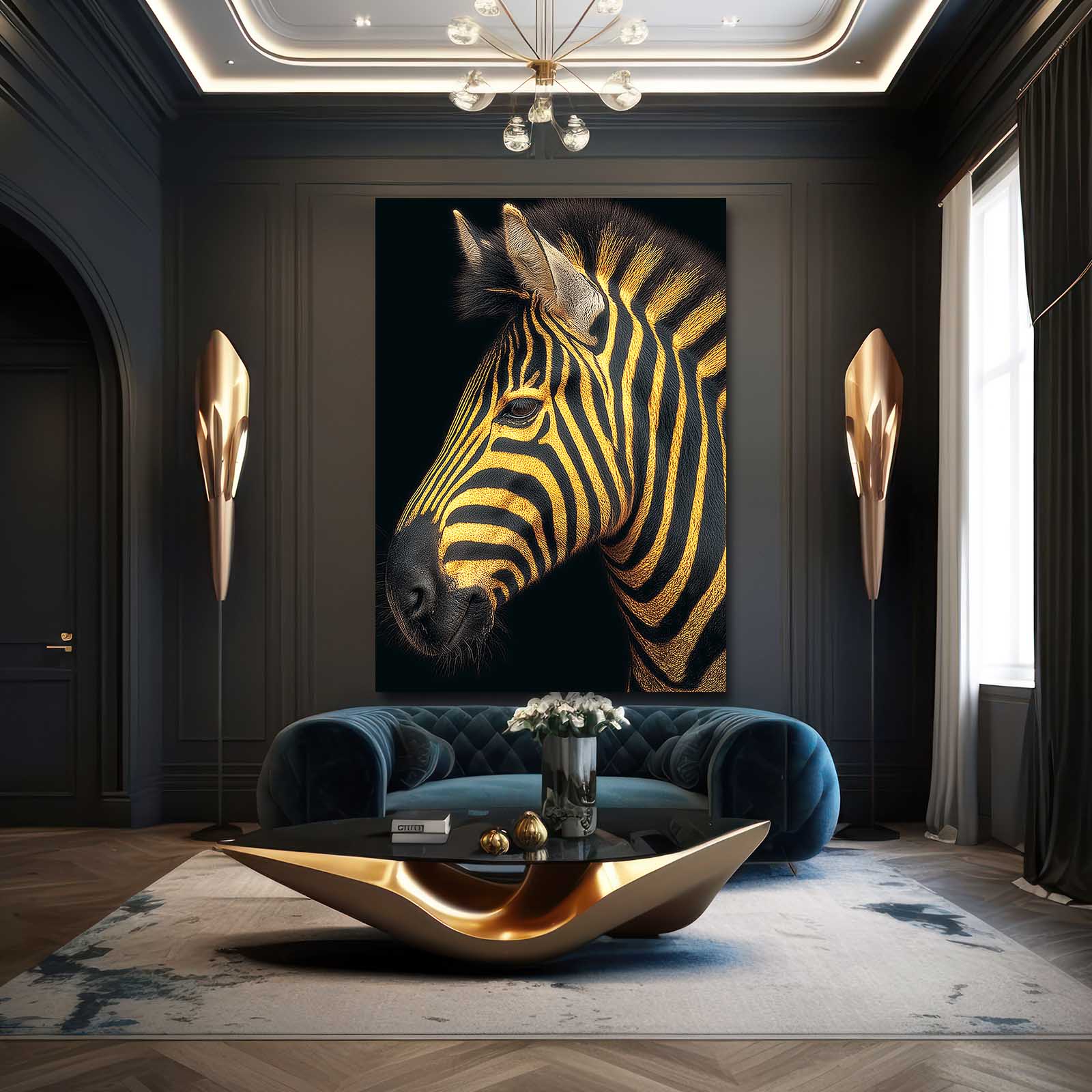 Vertical Zebra Canvas Art – styled in a furnished interior