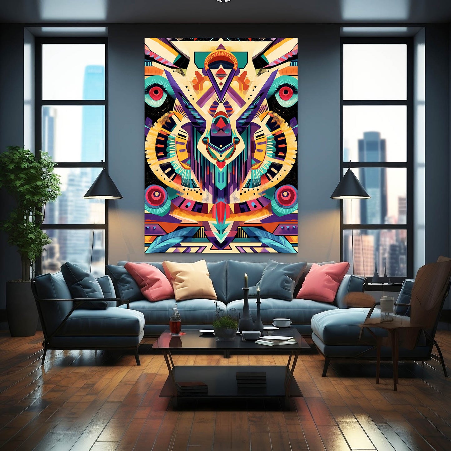 Vibrant Aztec Totem Mexican Wall Art — contemporary canvas print, styled in a furnished interior