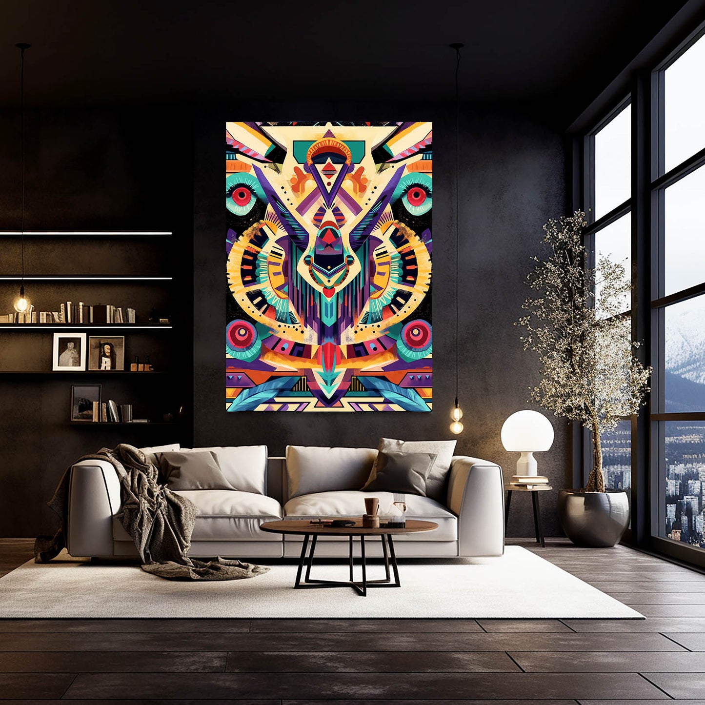 Vibrant Aztec Totem Mexican Wall Art — contemporary canvas print, styled in a furnished interior