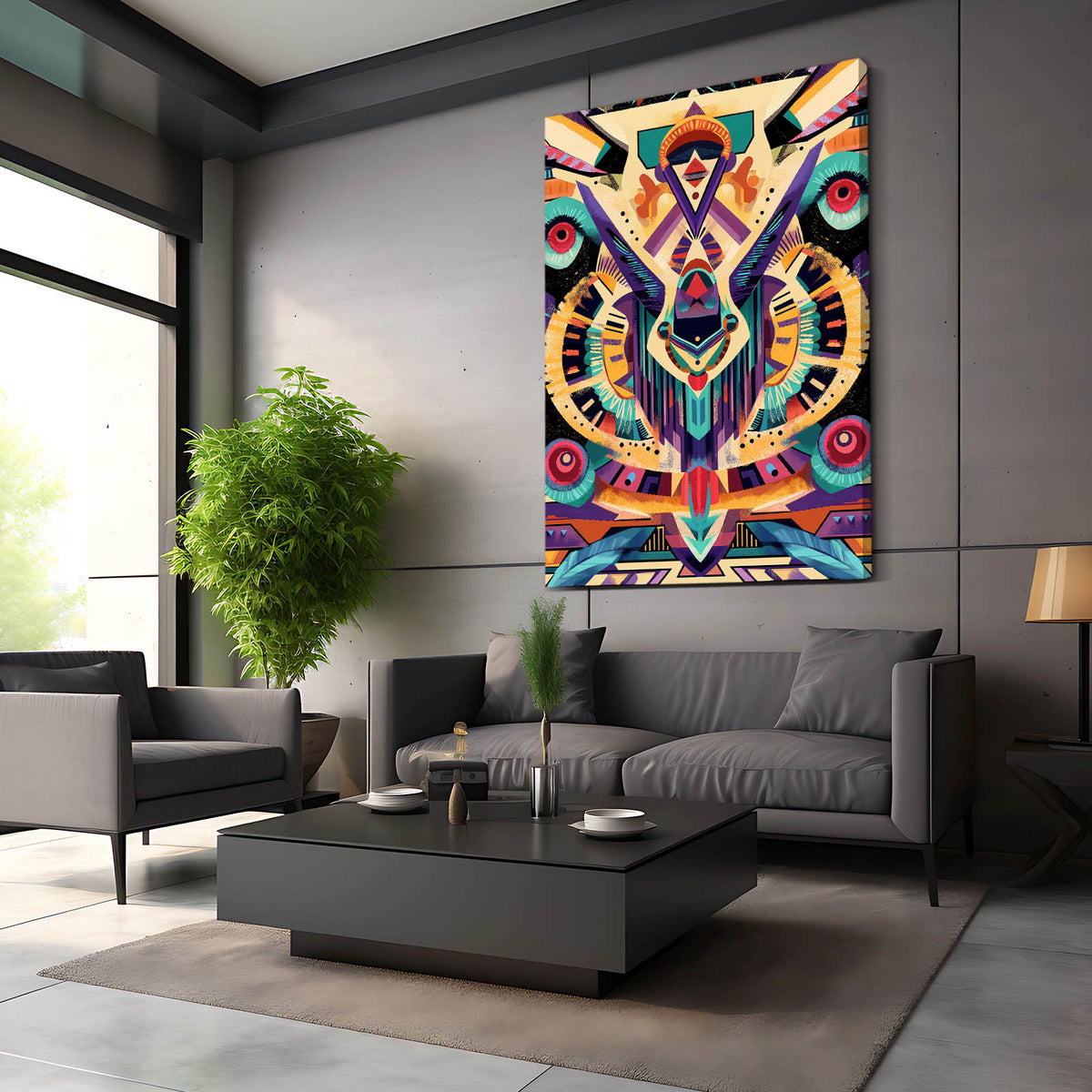 Vibrant Aztec Totem Mexican Wall Art — contemporary canvas print, styled in a furnished interior