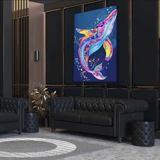 Vibrant Colorful Whale Art — abstract canvas print in blue tones, view 3