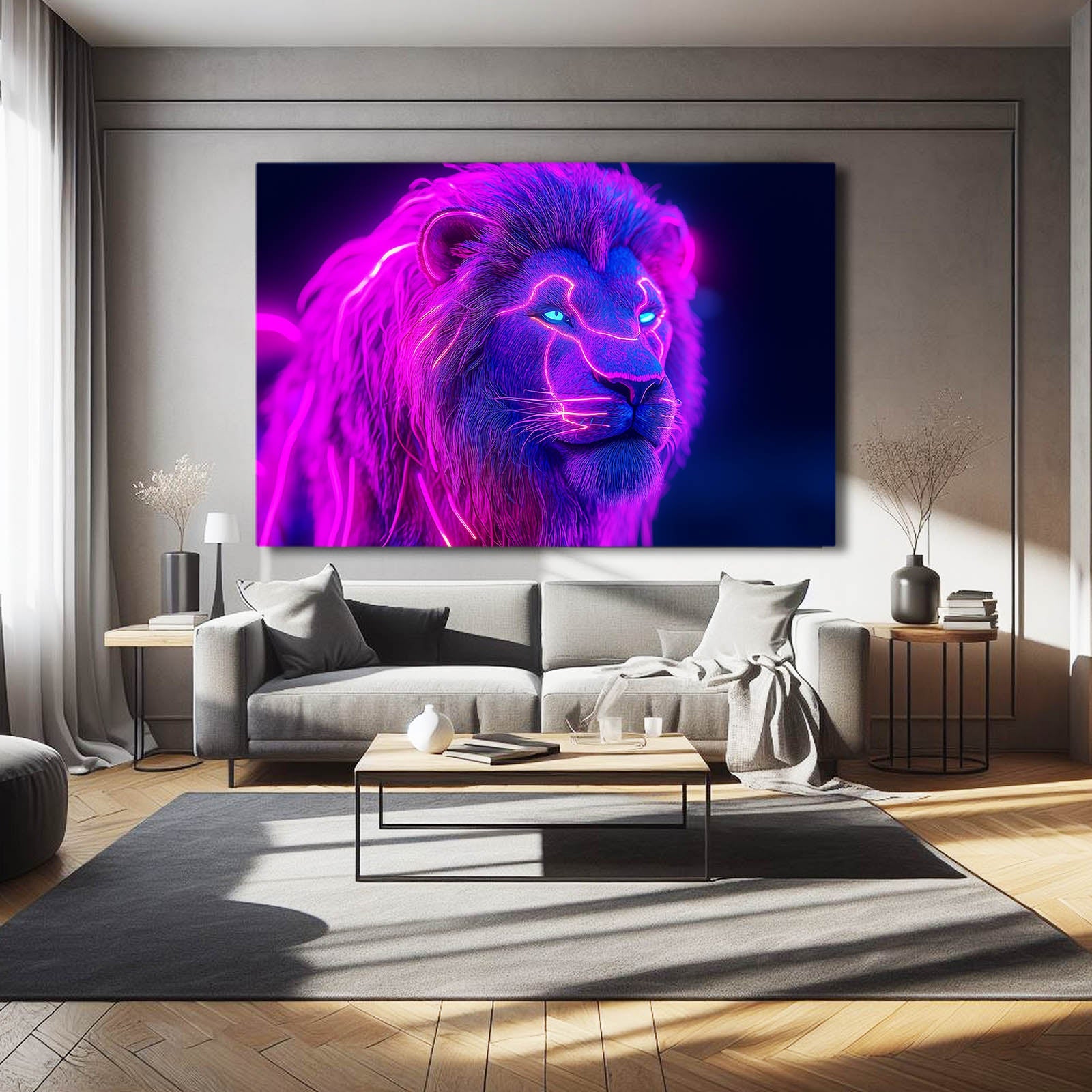 Vibrant Neon Lion Canvas