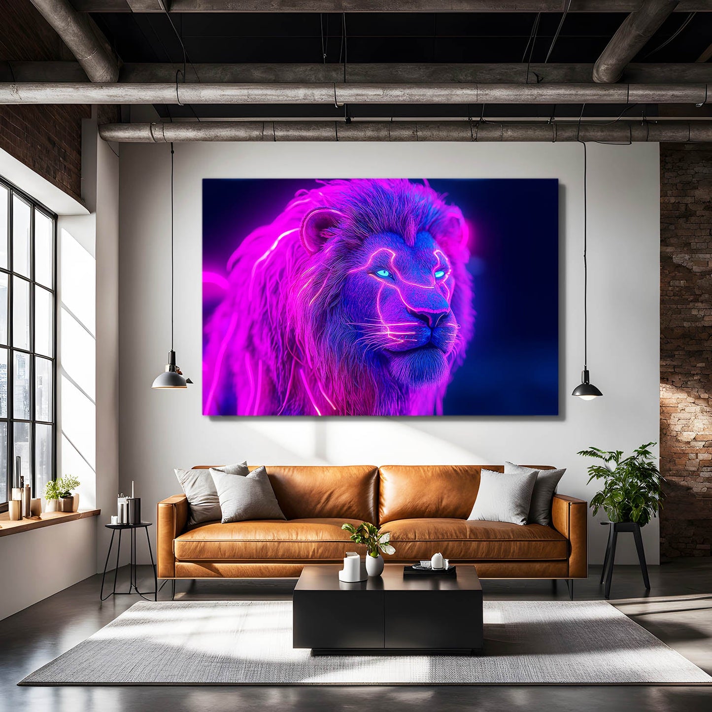Vibrant Neon Lion Canvas