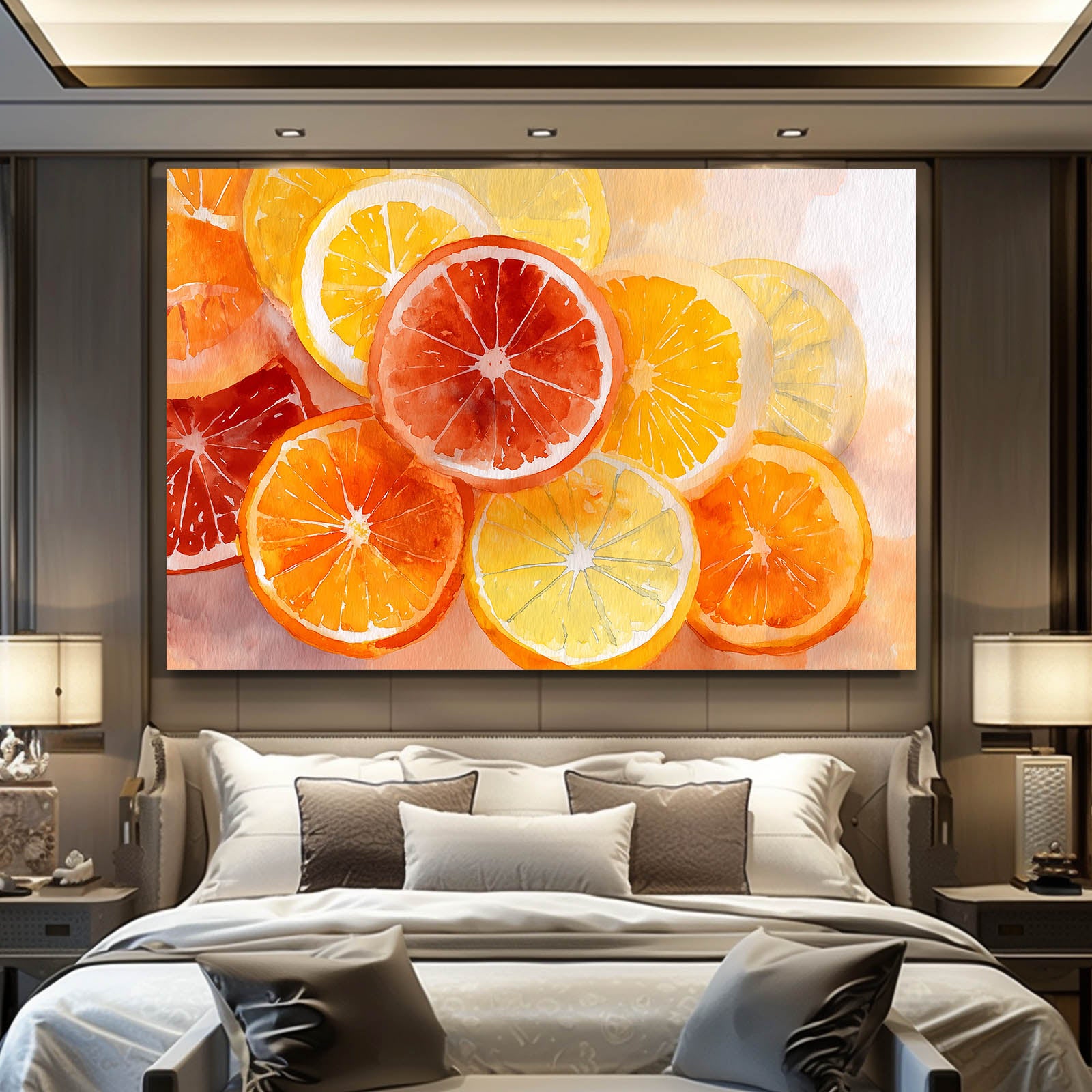 Vibrant Orange Slices Fruit Art – styled in a furnished interior