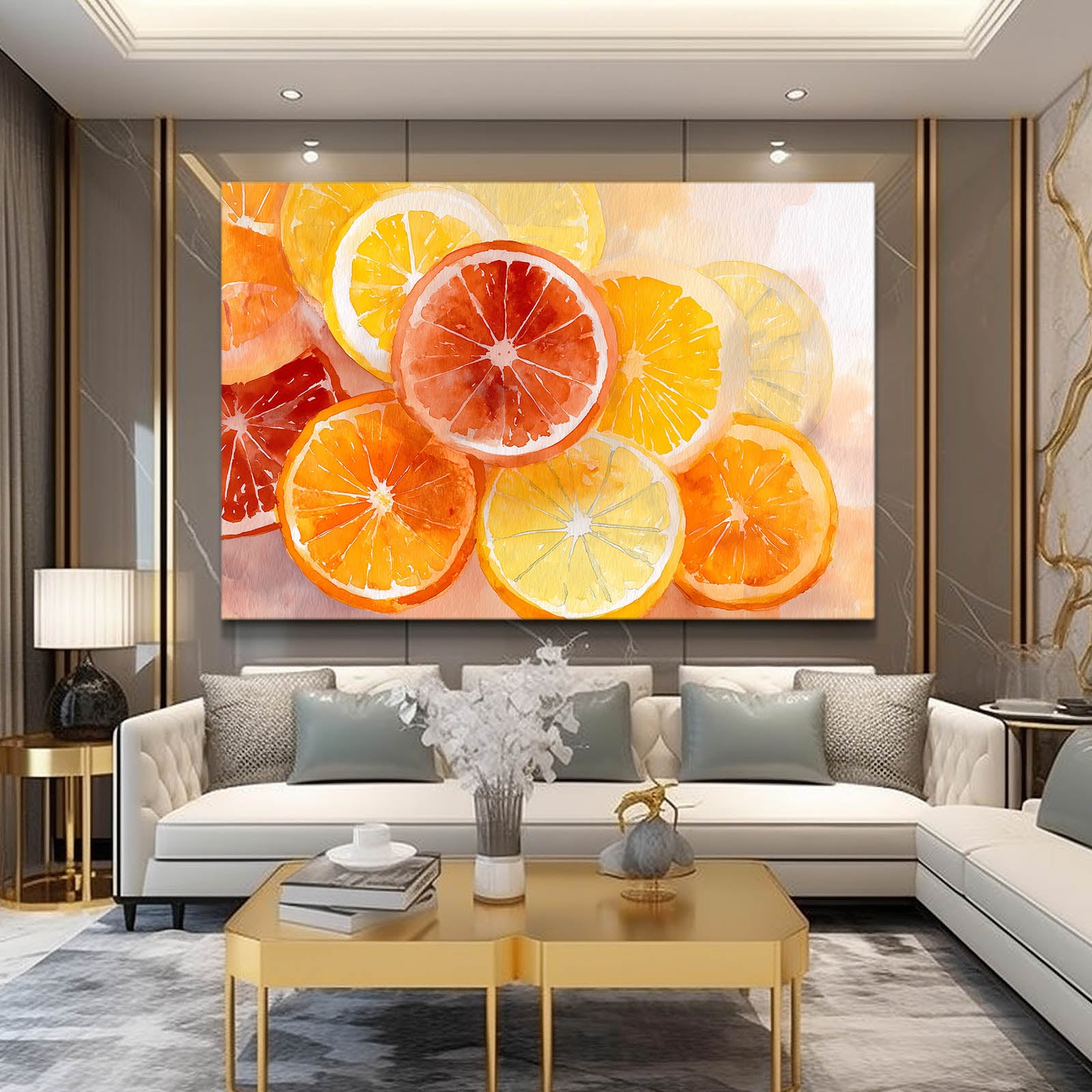 Vibrant Orange Slices Fruit Art – styled in a furnished interior