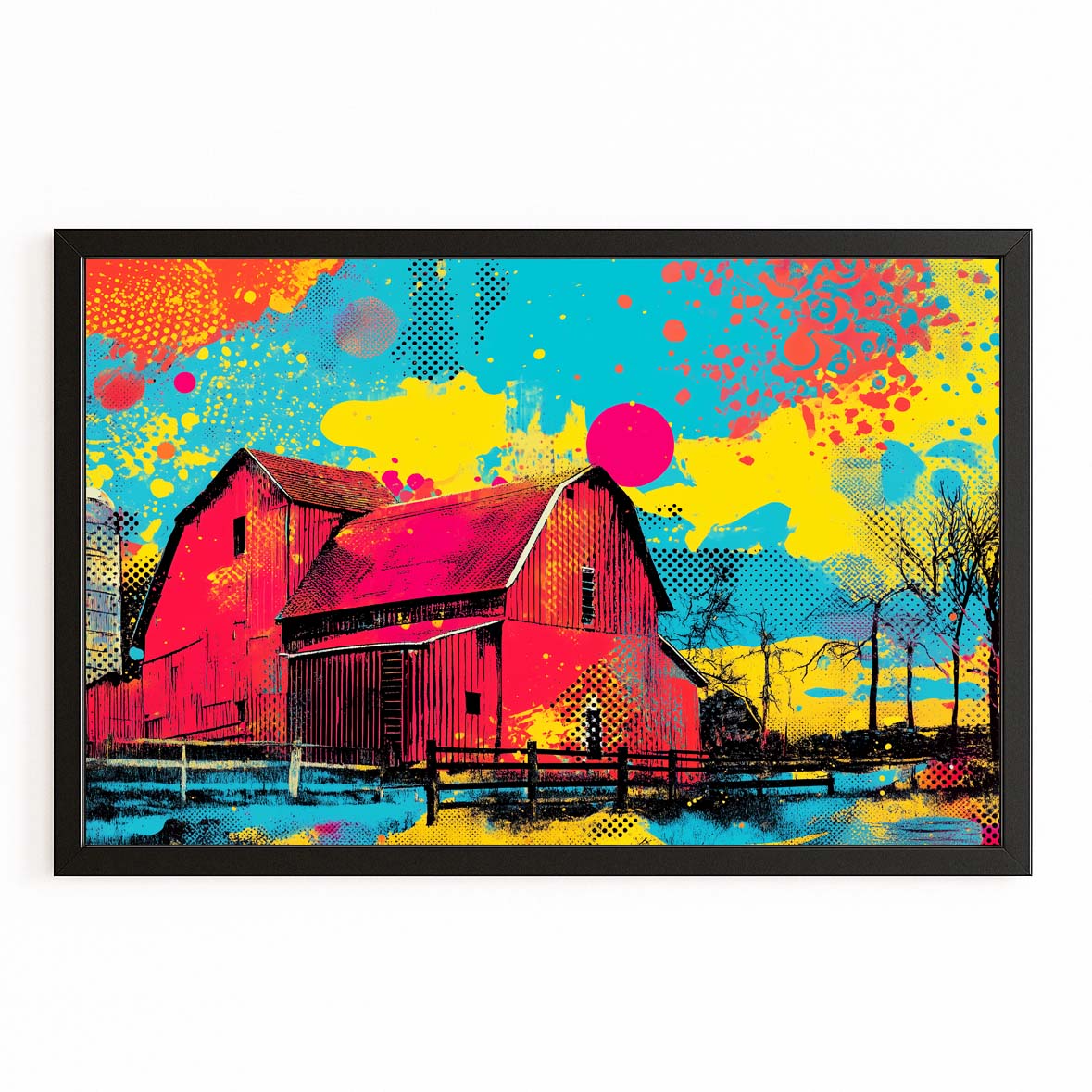 Vibrant Pop Barn Farmhouse Canvas Art – with Premium Black frame on white background