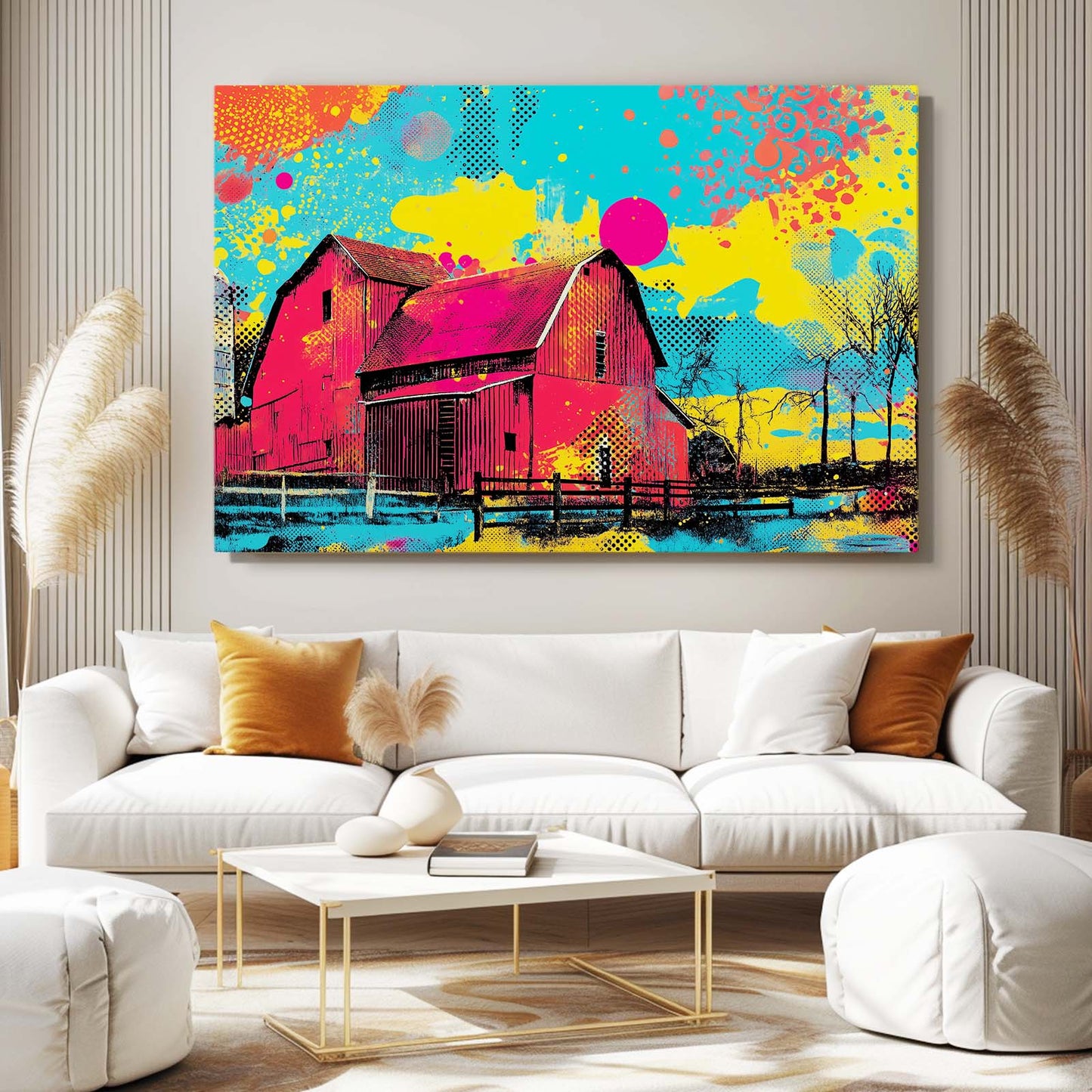 Vibrant Pop Barn Farmhouse Canvas Art – styled in a furnished interior