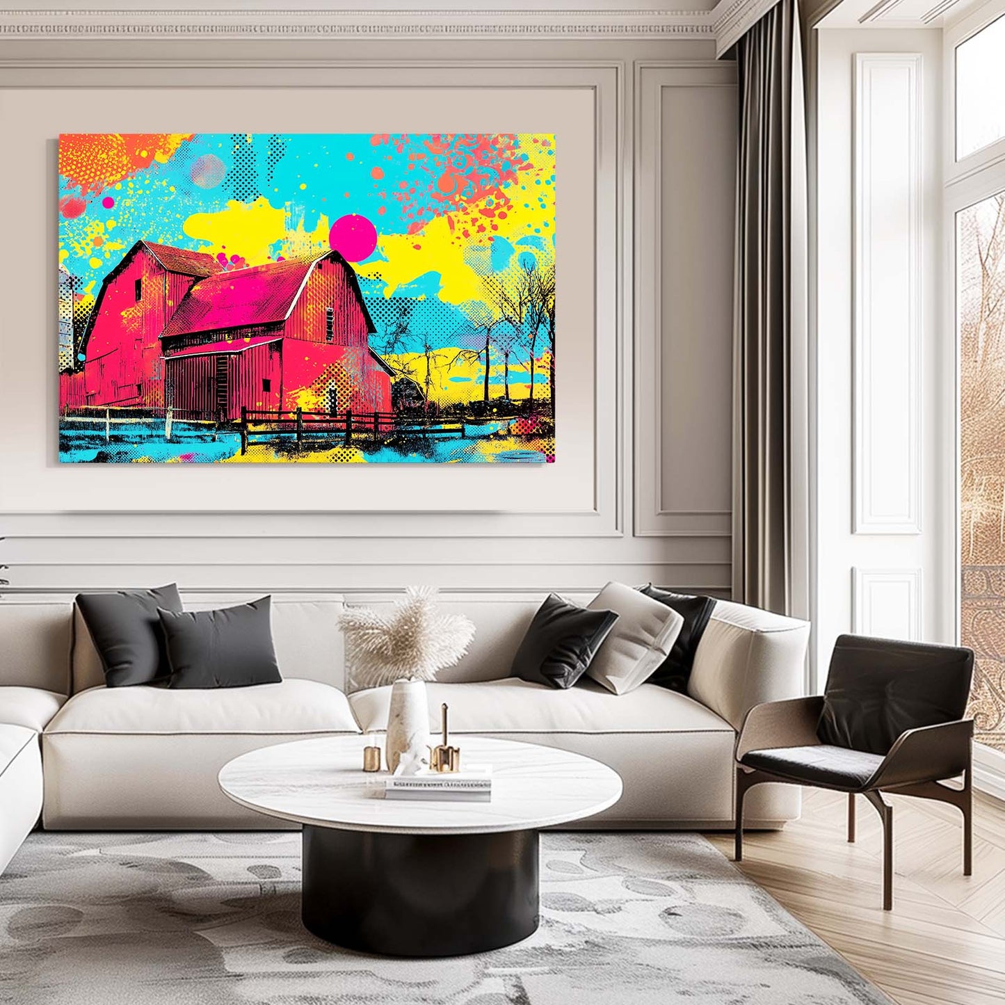 Vibrant Pop Barn Farmhouse Canvas Art – styled in a furnished interior