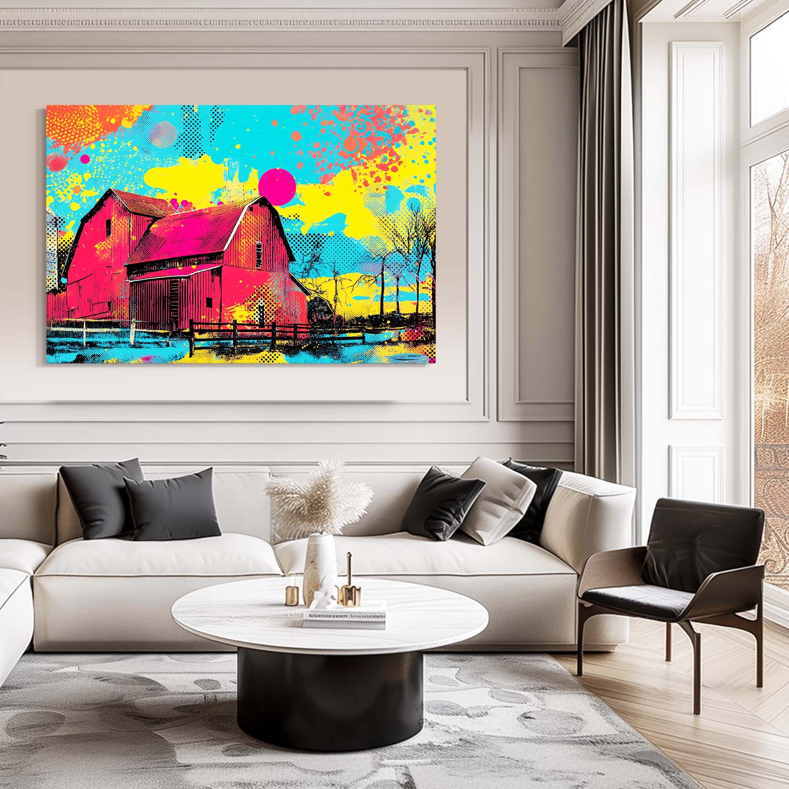 Vibrant Pop Barn Farmhouse Canvas Art – styled in a furnished interior