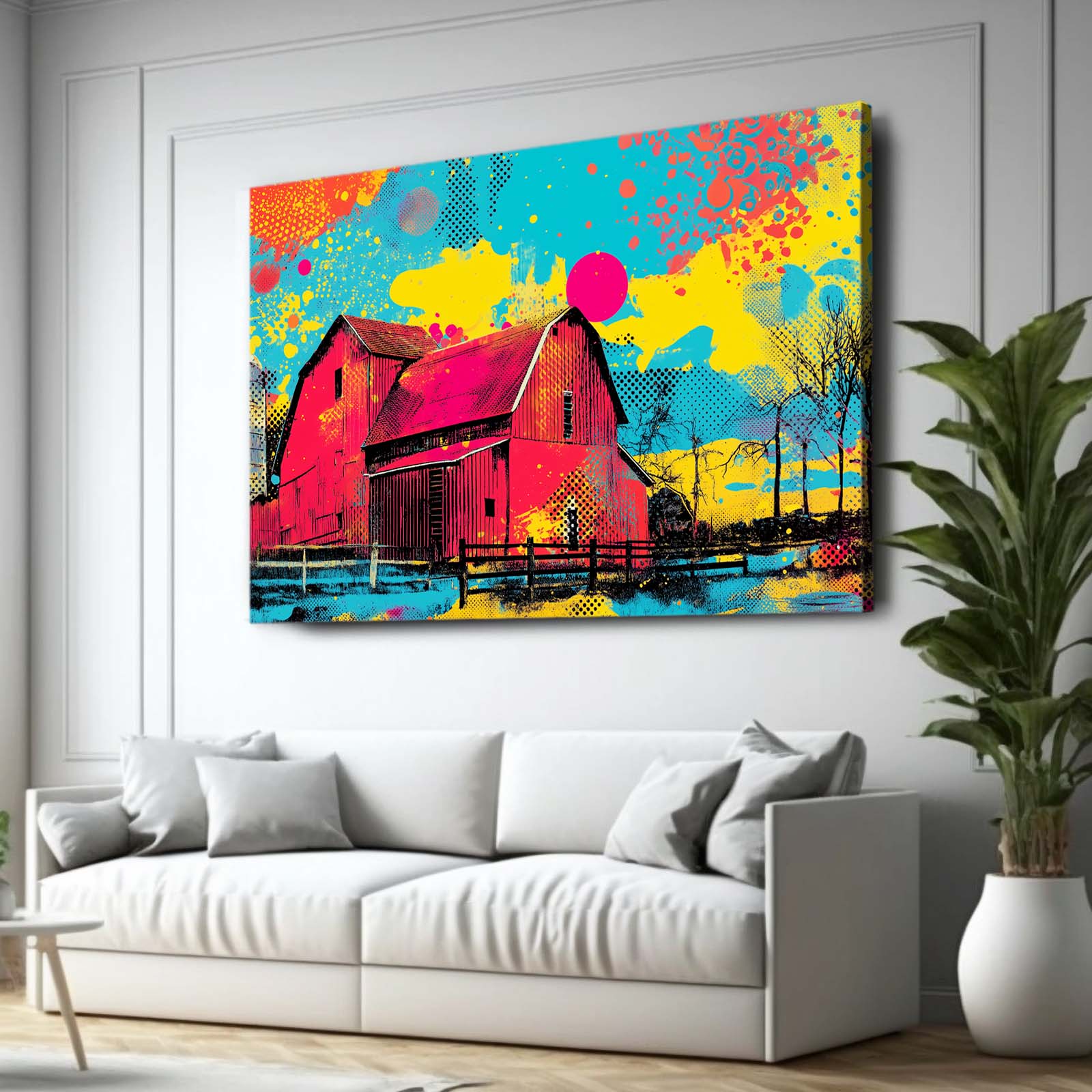 Vibrant Pop Barn Farmhouse Canvas Art – styled in a furnished interior
