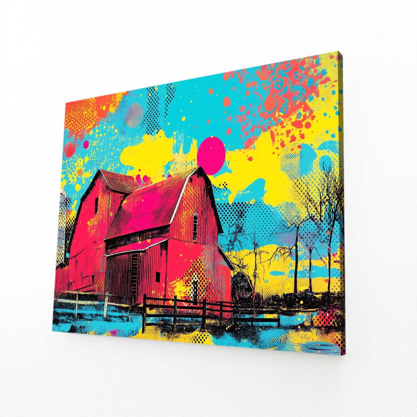 Vibrant Pop Barn Farmhouse Canvas Art – angled canvas view on white background