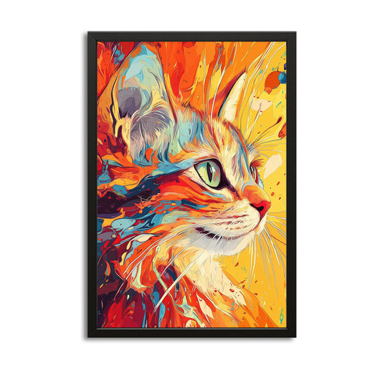Vibrant Portrait Cat Art — digital canvas print in orange tones, with Premium Black frame on white background