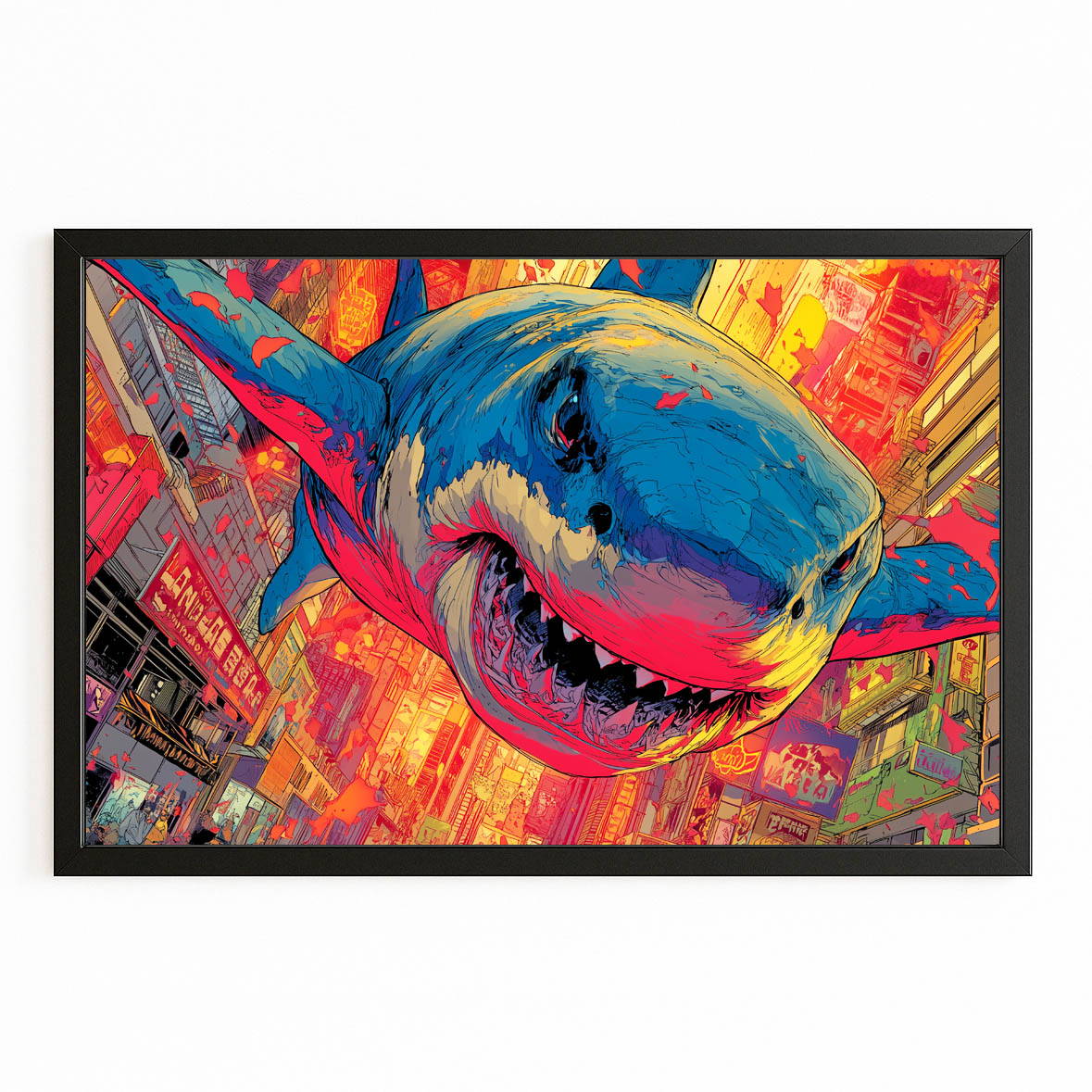 Vibrant Street Art Shark Prints – with Premium Black frame on white background