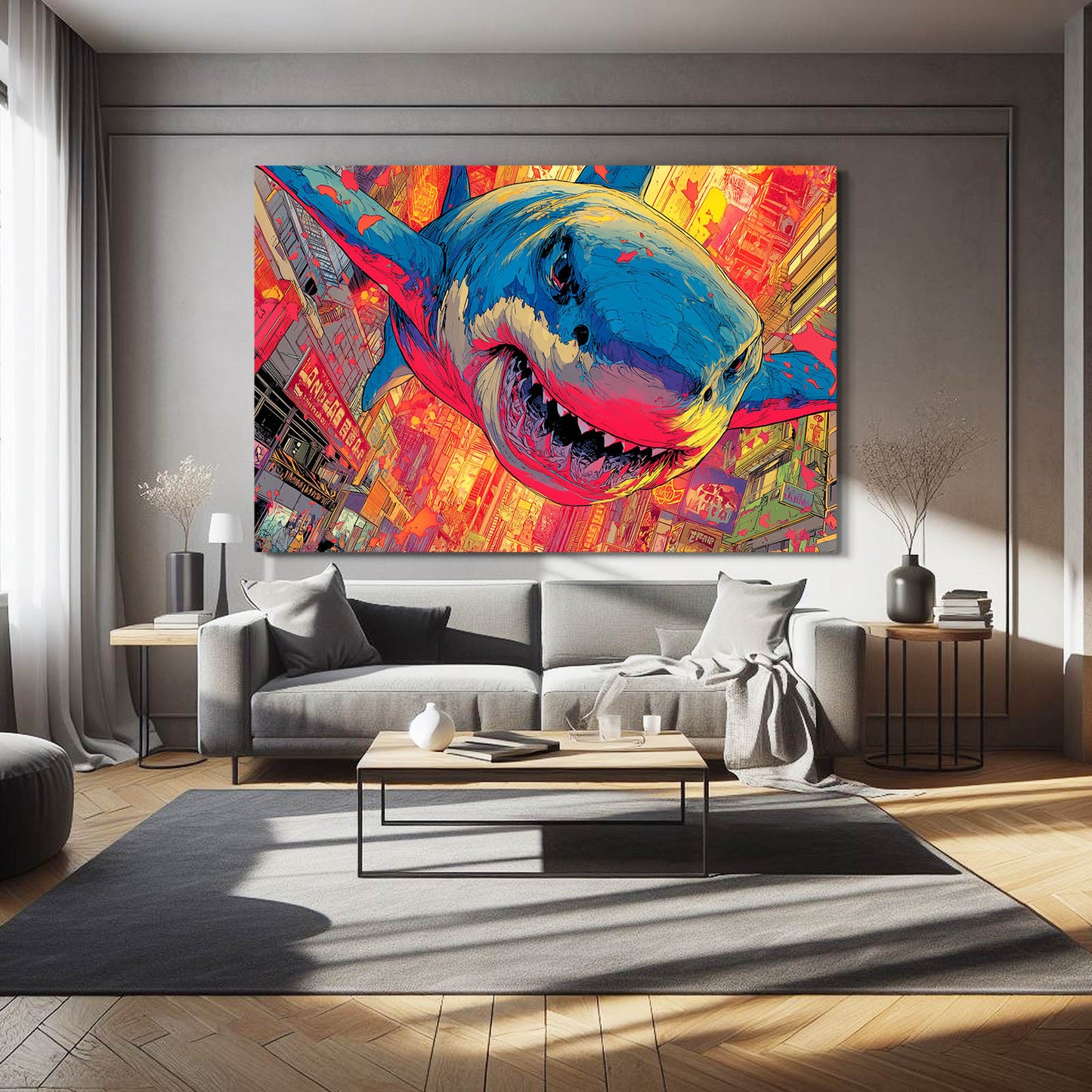Vibrant Street Art Shark Prints – styled in a furnished interior