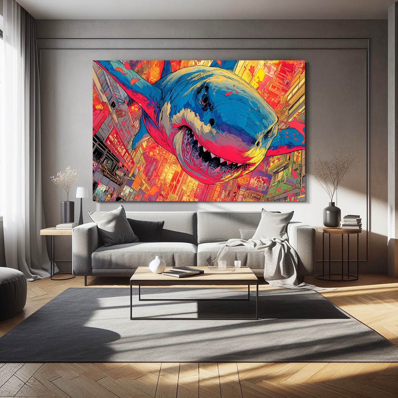 Vibrant Street Art Shark Prints – styled in a furnished interior